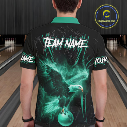 Personalized Black And Teal Flame Eagle Bowling Shirt For Men Custom Bowling League Team Jersey TDM7658