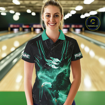 Personalized Black And Teal Flame Eagle Bowling Shirt For Women Custom Bowling League Team Jersey TDM7658
