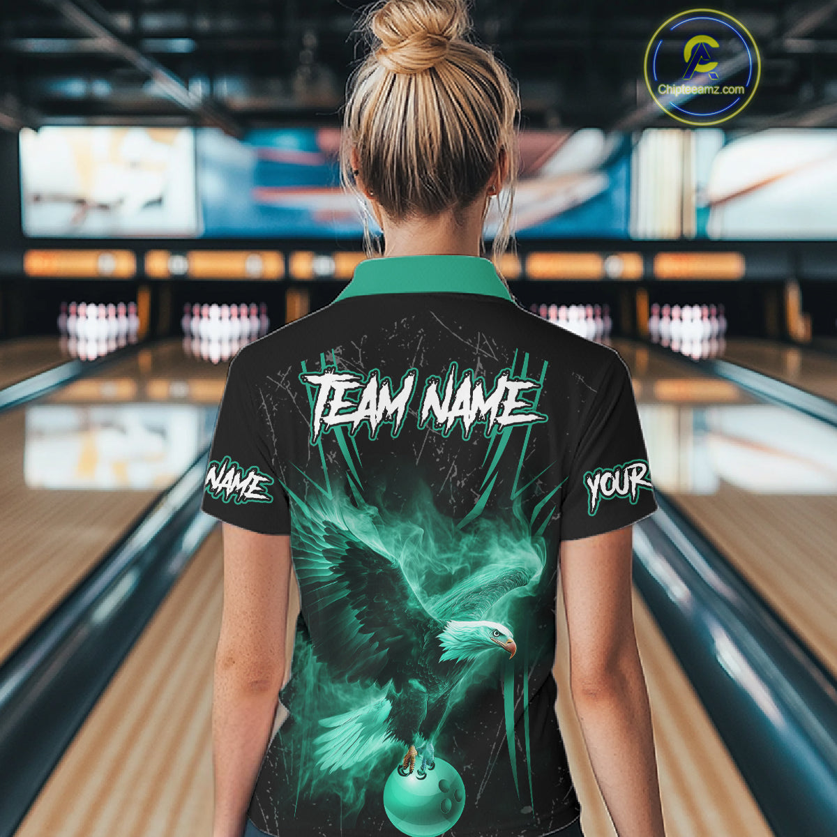 Personalized Black And Teal Flame Eagle Bowling Shirt For Women Custom Bowling League Team Jersey TDM7658