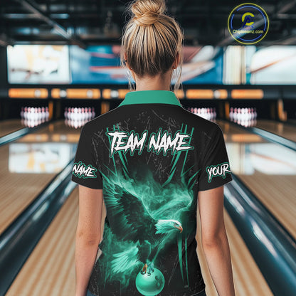 Personalized Black And Teal Flame Eagle Bowling Shirt For Women Custom Bowling League Team Jersey TDM7658