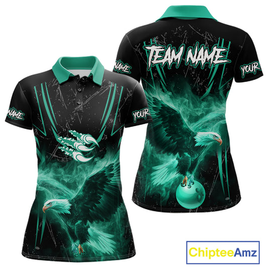 Personalized Black And Teal Flame Eagle Bowling Shirt For Women Custom Bowling League Team Jersey TDM7658