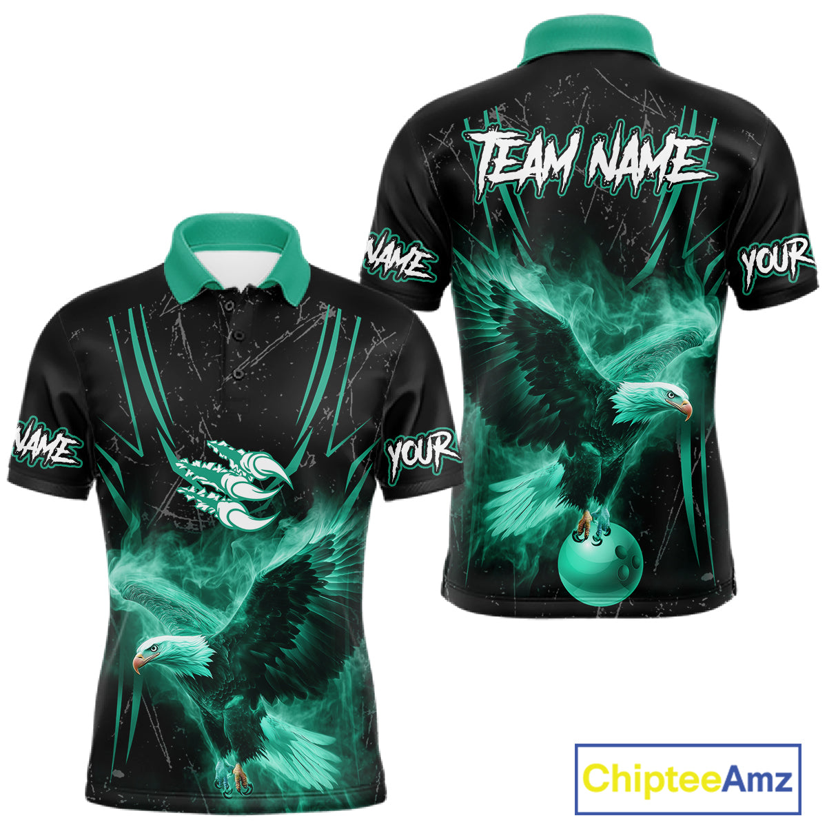 Personalized Black And Teal Flame Eagle Bowling Shirt For Men Custom Bowling League Team Jersey TDM7658