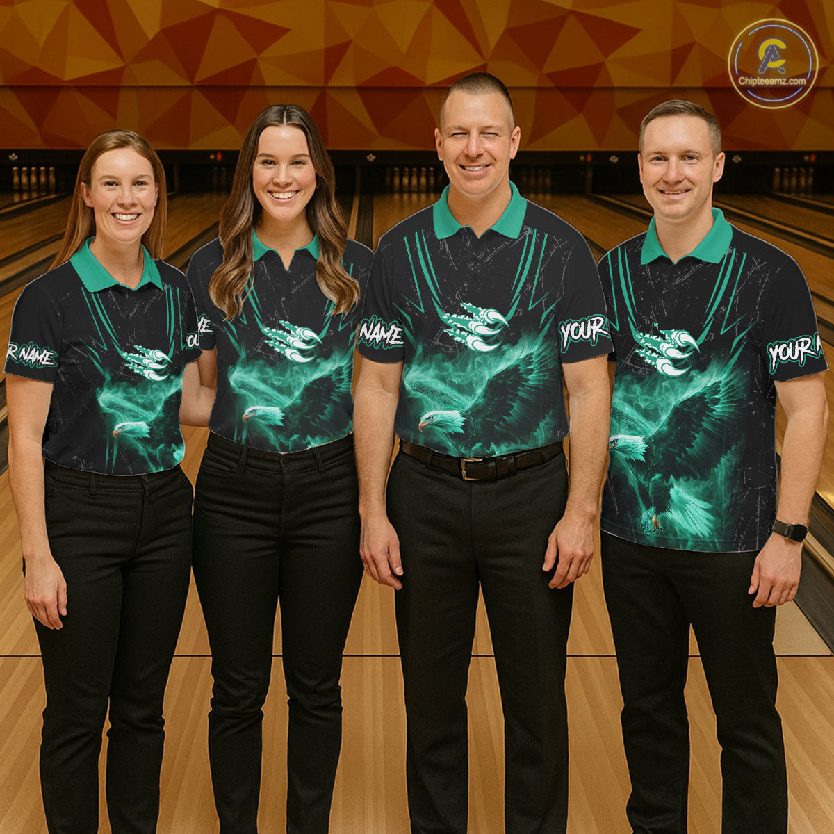 Personalized Black And Teal Flame Eagle Bowling Shirt For Men Custom Bowling League Team Jersey TDM7658
