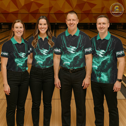 Personalized Black And Teal Flame Eagle Bowling Shirt For Men Custom Bowling League Team Jersey TDM7658