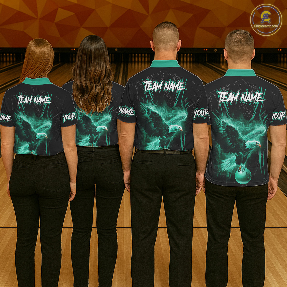 Personalized Black And Teal Flame Eagle Bowling Shirt For Men Custom Bowling League Team Jersey TDM7658
