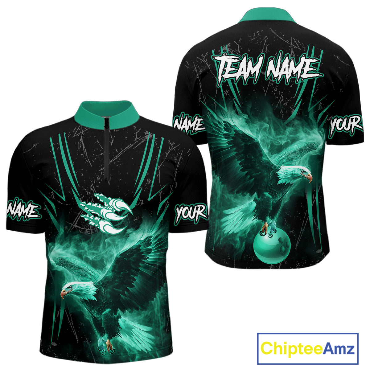 Personalized Black And Teal Flame Eagle Bowling Shirt For Men Custom Bowling League Team Jersey TDM7658