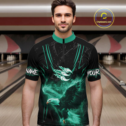 Personalized Black And Teal Flame Eagle Bowling Shirt For Men Custom Bowling League Team Jersey TDM7658