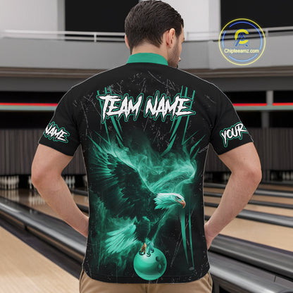 Personalized Black And Teal Flame Eagle Bowling Shirt For Men Custom Bowling League Team Jersey TDM7658