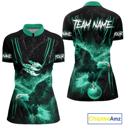 Personalized Black And Teal Flame Eagle Bowling Shirt For Women Custom Bowling League Team Jersey TDM7658