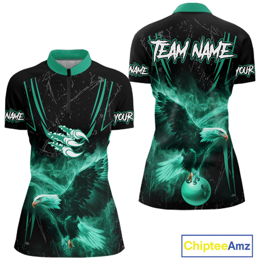 Personalized Black And Teal Flame Eagle Bowling Shirt For Women Custom Bowling League Team Jersey TDM7658
