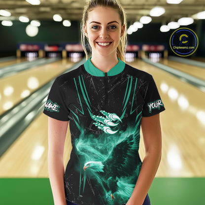 Personalized Black And Teal Flame Eagle Bowling Shirt For Women Custom Bowling League Team Jersey TDM7658