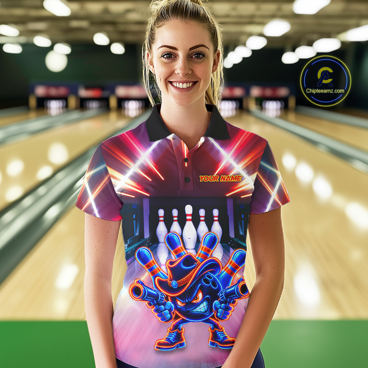 Funny Flame Neon Cowboy Bowling Shirts For Women Custom Bowling Team Jersey Polo & Quarter Zip TDM7659