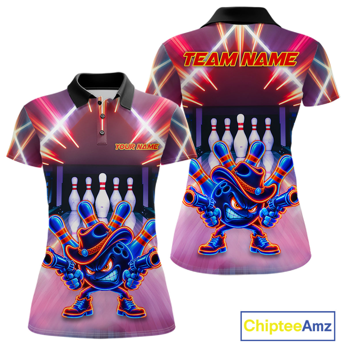 Funny Flame Neon Cowboy Bowling Shirts For Women Custom Bowling Team Jersey Polo & Quarter Zip TDM7659