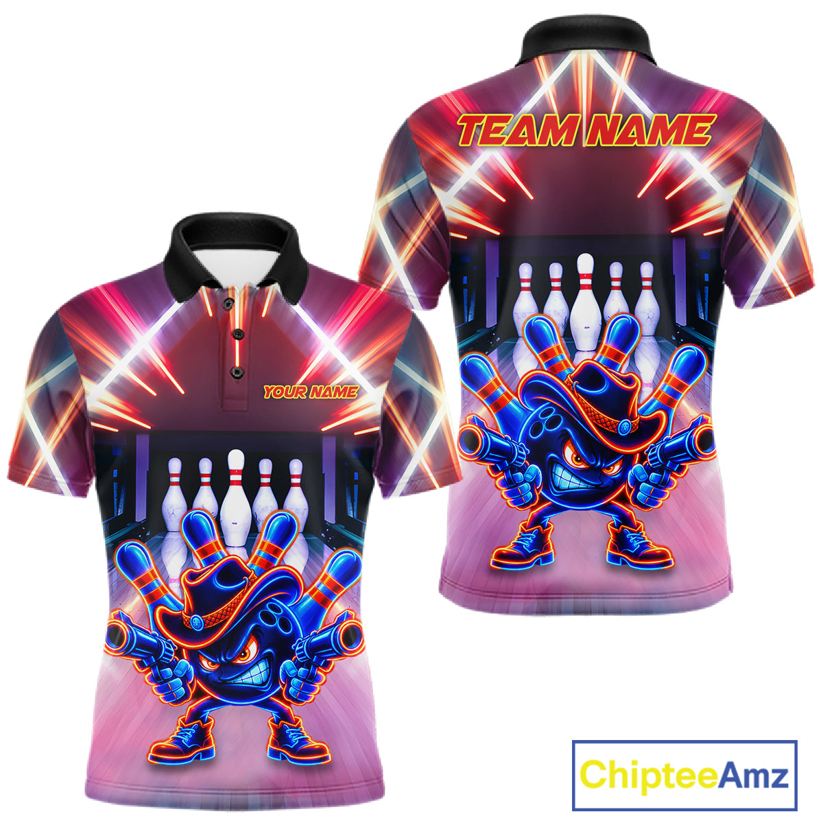 Funny Flame Neon Cowboy Bowling Shirts For Men Custom Bowling Team Jersey Polo & Quarter Zip TDM7659