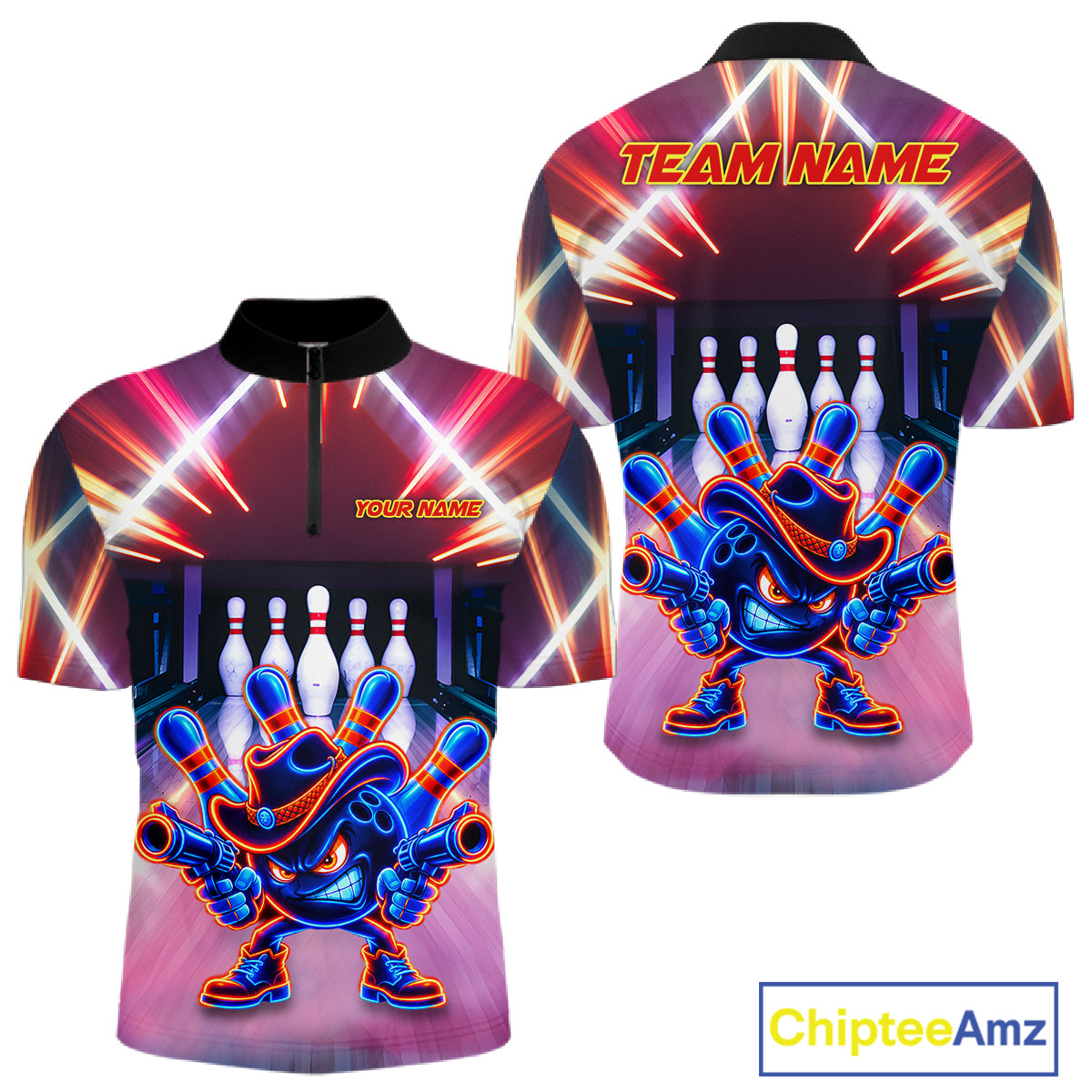 Funny Flame Neon Cowboy Bowling Shirts For Men Custom Bowling Team Jersey Polo & Quarter Zip TDM7659