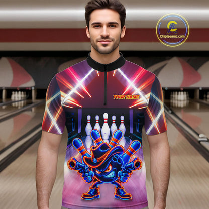Funny Flame Neon Cowboy Bowling Shirts For Men Custom Bowling Team Jersey Polo & Quarter Zip TDM7659