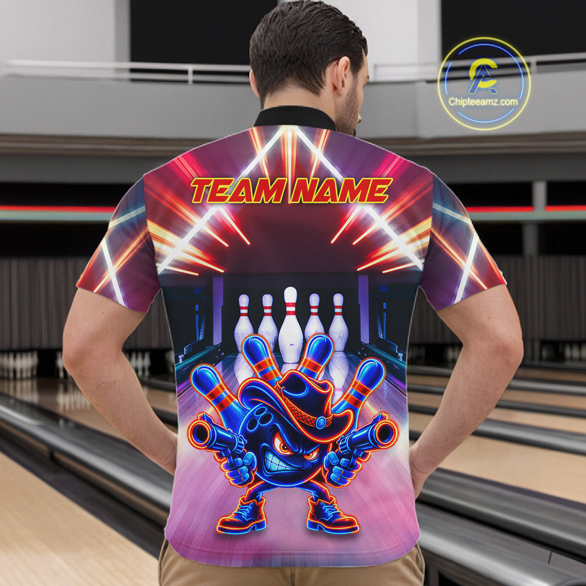 Funny Flame Neon Cowboy Bowling Shirts For Men Custom Bowling Team Jersey Polo & Quarter Zip TDM7659