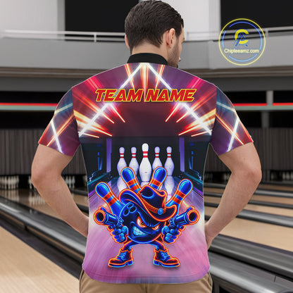 Funny Flame Neon Cowboy Bowling Shirts For Men Custom Bowling Team Jersey Polo & Quarter Zip TDM7659