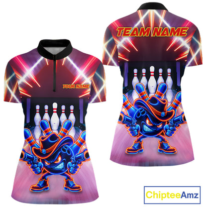 Funny Flame Neon Cowboy Bowling Shirts For Women Custom Bowling Team Jersey Polo & Quarter Zip TDM7659