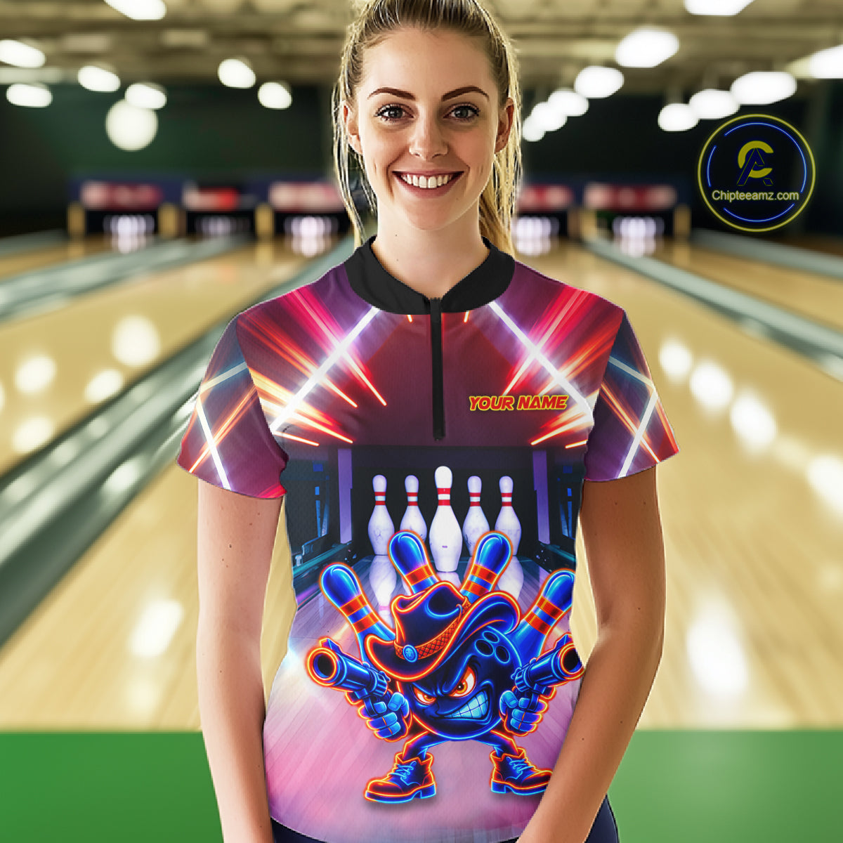 Funny Flame Neon Cowboy Bowling Shirts For Women Custom Bowling Team Jersey Polo & Quarter Zip TDM7659