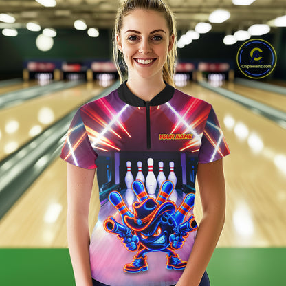 Funny Flame Neon Cowboy Bowling Shirts For Women Custom Bowling Team Jersey Polo & Quarter Zip TDM7659