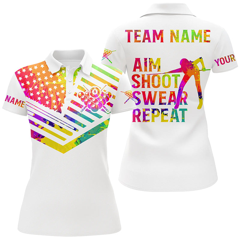 Billiard Aim Shoot Swear Repeat Custom 3D White Multicolor Women Polo Shirts, Billiard Shirts Funny TDM0625