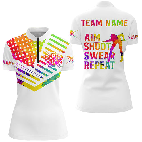 Billiard Aim Shoot Swear Repeat Custom 3D White Multicolor Quarter-Zip Shirts For Women TDM0625