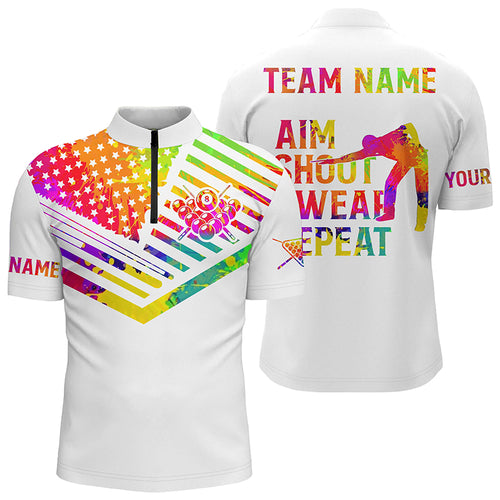 Billiard Aim Shoot Swear Repeat Custom 3D White Multicolor Quarter-Zip Shirts For Men TDM0625