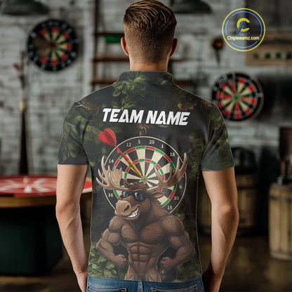 Personalized Green Camo Funny Moose Darts Shirts For Men Custom Darts Jersey Team Polo & 1/4 Zip TDM5301