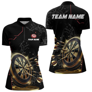 Custom Black And Golden Dart Shirts For Women, Personalized Glowing Darts Team Jerseys Darts Uniform TDM3311