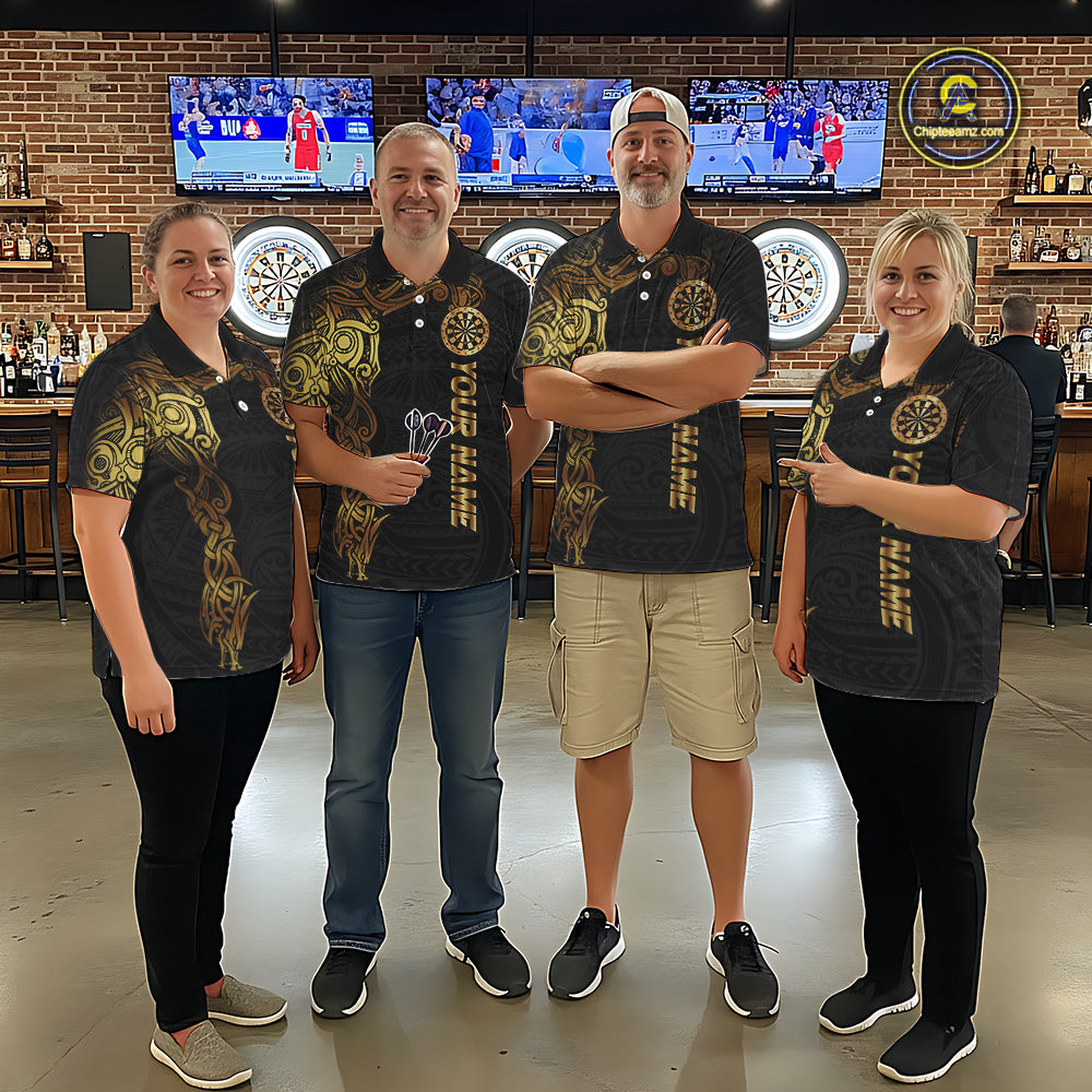Personalized Gold Black Tribal Darts Shirt For Women Custom Darts Jersey Team Polo & Quarter Zip TDM5557