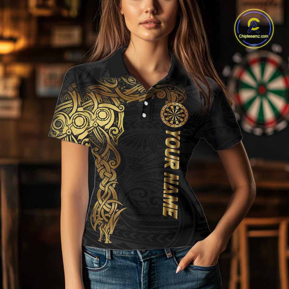 Personalized Gold Black Tribal Darts Shirt For Women Custom Darts Jersey Team Polo & Quarter Zip TDM5557