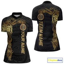 Load image into Gallery viewer, Personalized Gold Black Tribal Darts Shirt For Women Custom Darts Jersey Team Polo &amp; Quarter Zip TDM5557