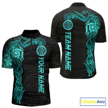 Load image into Gallery viewer, Black And Turquoise Tribal Darts Shirt For Men Custom Darts Jersey Team Polo &amp; Quarter Zip TDM5559