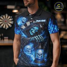 Load image into Gallery viewer, Blue Grim Reaper Flame Darts Shirt For Men Custom Skull Darts League Jersey Team Polo &amp; Quarter Zip TDM5560