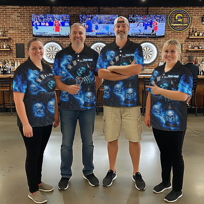 Blue Grim Reaper Flame Darts Shirt For Women Custom Skull Darts League Jersey Team Polo & Quarter Zip TDM5560