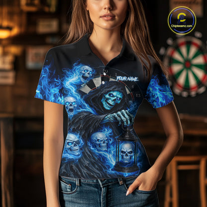 Blue Grim Reaper Flame Darts Shirt For Women Custom Skull Darts League Jersey Team Polo & Quarter Zip TDM5560