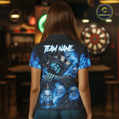 Blue Grim Reaper Flame Darts Shirt For Women Custom Skull Darts League Jersey Team Polo & Quarter Zip TDM5560