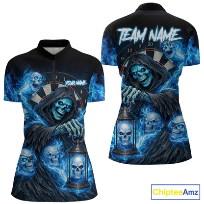 Blue Grim Reaper Flame Darts Shirt For Women Custom Skull Darts League Jersey Team Polo & Quarter Zip TDM5560