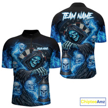 Load image into Gallery viewer, Blue Grim Reaper Flame Darts Shirt For Men Custom Skull Darts League Jersey Team Polo &amp; Quarter Zip TDM5560