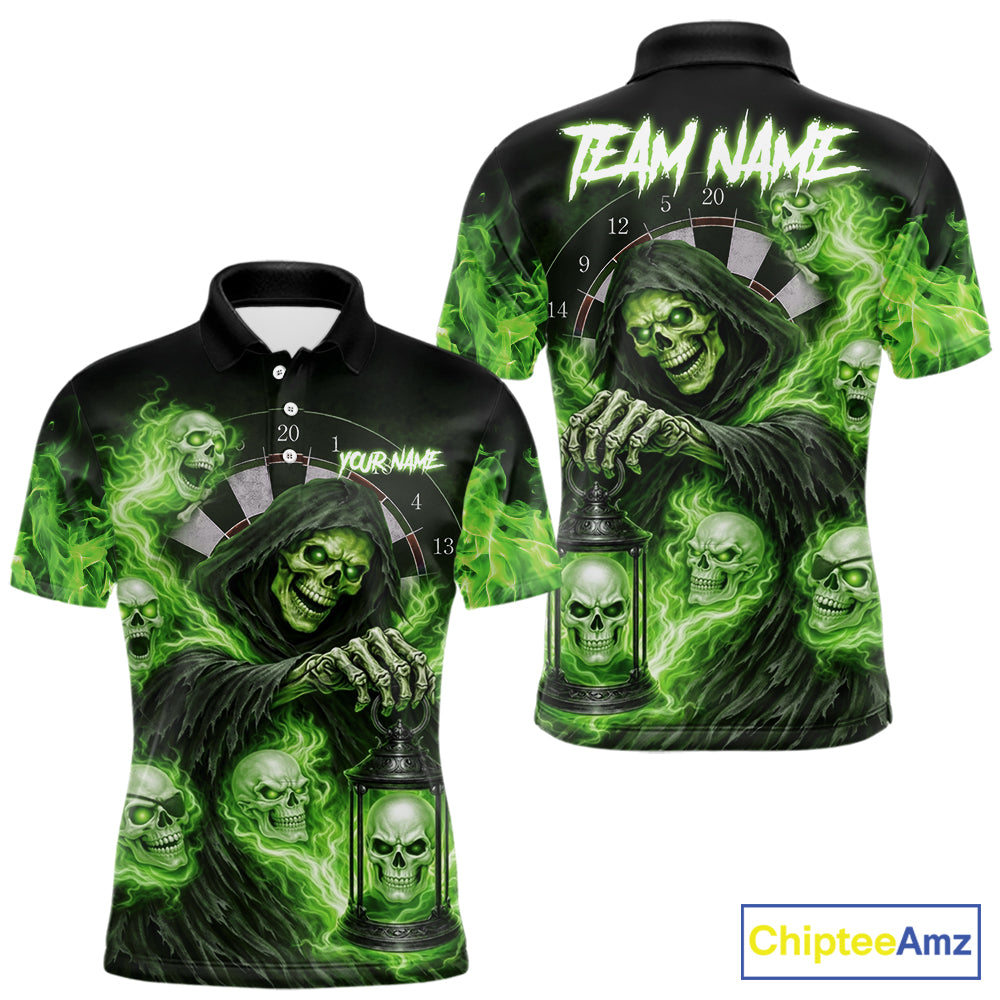 Green Grim Reaper Flame Darts Shirt For Men Custom Skull Darts League Jersey Team Polo & 1/4 Zip TDM5561
