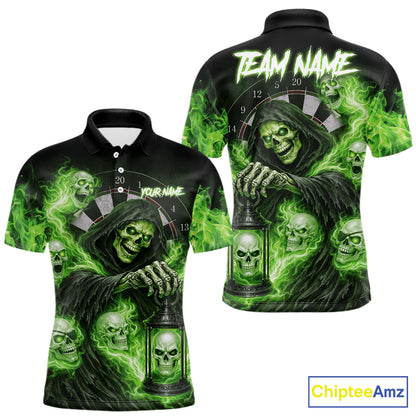 Green Grim Reaper Flame Darts Shirt For Men Custom Skull Darts League Jersey Team Polo & 1/4 Zip TDM5561