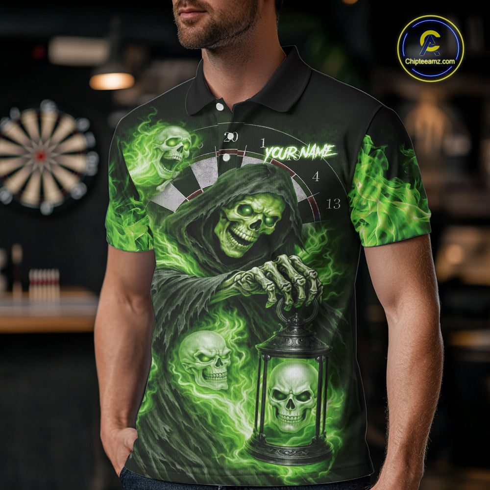 Green Grim Reaper Flame Darts Shirt For Men Custom Skull Darts League Jersey Team Polo & 1/4 Zip TDM5561
