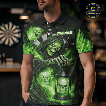 Green Grim Reaper Flame Darts Shirt For Men Custom Skull Darts League Jersey Team Polo & 1/4 Zip TDM5561