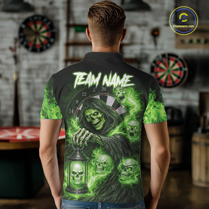 Green Grim Reaper Flame Darts Shirt For Men Custom Skull Darts League Jersey Team Polo & 1/4 Zip TDM5561