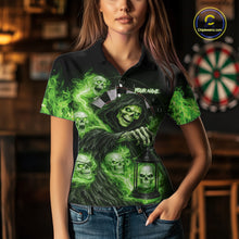 Load image into Gallery viewer, Green Grim Reaper Flame Darts Shirt For Women Custom Skull Darts League Jersey Team Polo &amp; 1/4 Zip TDM5561