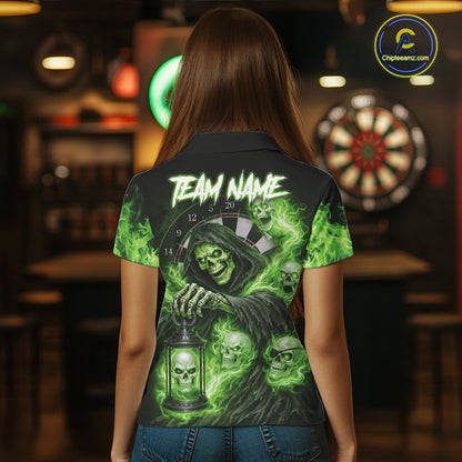 Green Grim Reaper Flame Darts Shirt For Women Custom Skull Darts League Jersey Team Polo & 1/4 Zip TDM5561