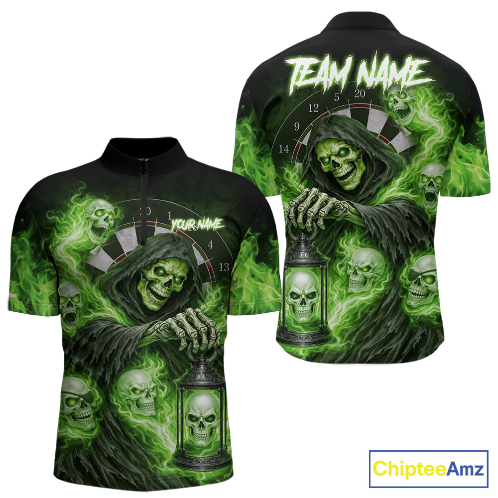 Green Grim Reaper Flame Darts Shirt For Men Custom Skull Darts League Jersey Team Polo & 1/4 Zip TDM5561