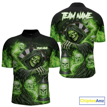 Green Grim Reaper Flame Darts Shirt For Men Custom Skull Darts League Jersey Team Polo & 1/4 Zip TDM5561