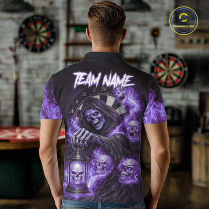 Purple Grim Reaper Flame Darts Shirt For Men Custom Skull Darts League Jersey Team Polo & 1/4 Zip TDM5562